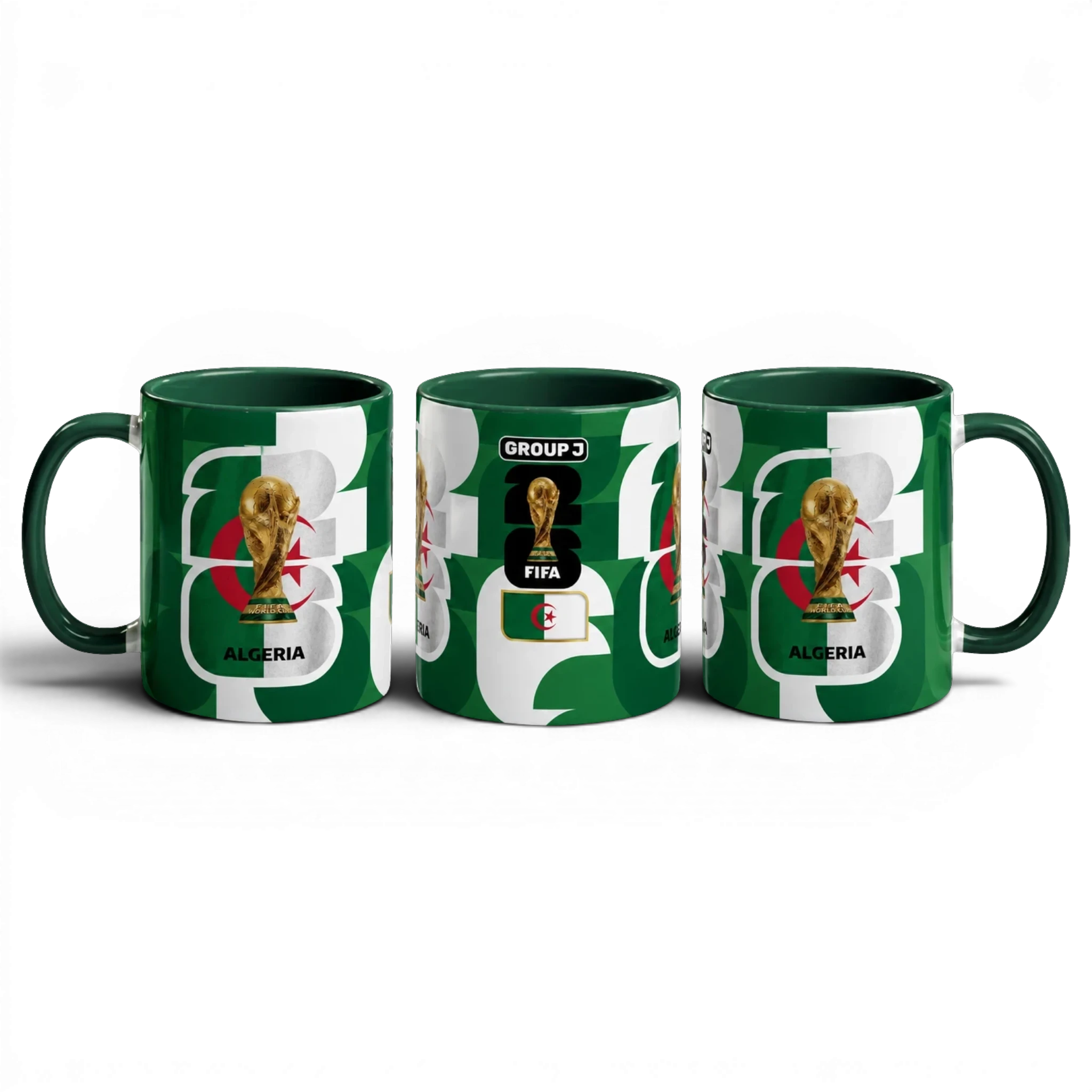 Fann Bliss Algeria FIFA World Cup commemorative ceramic mug with trophy and flag design. Green and white.