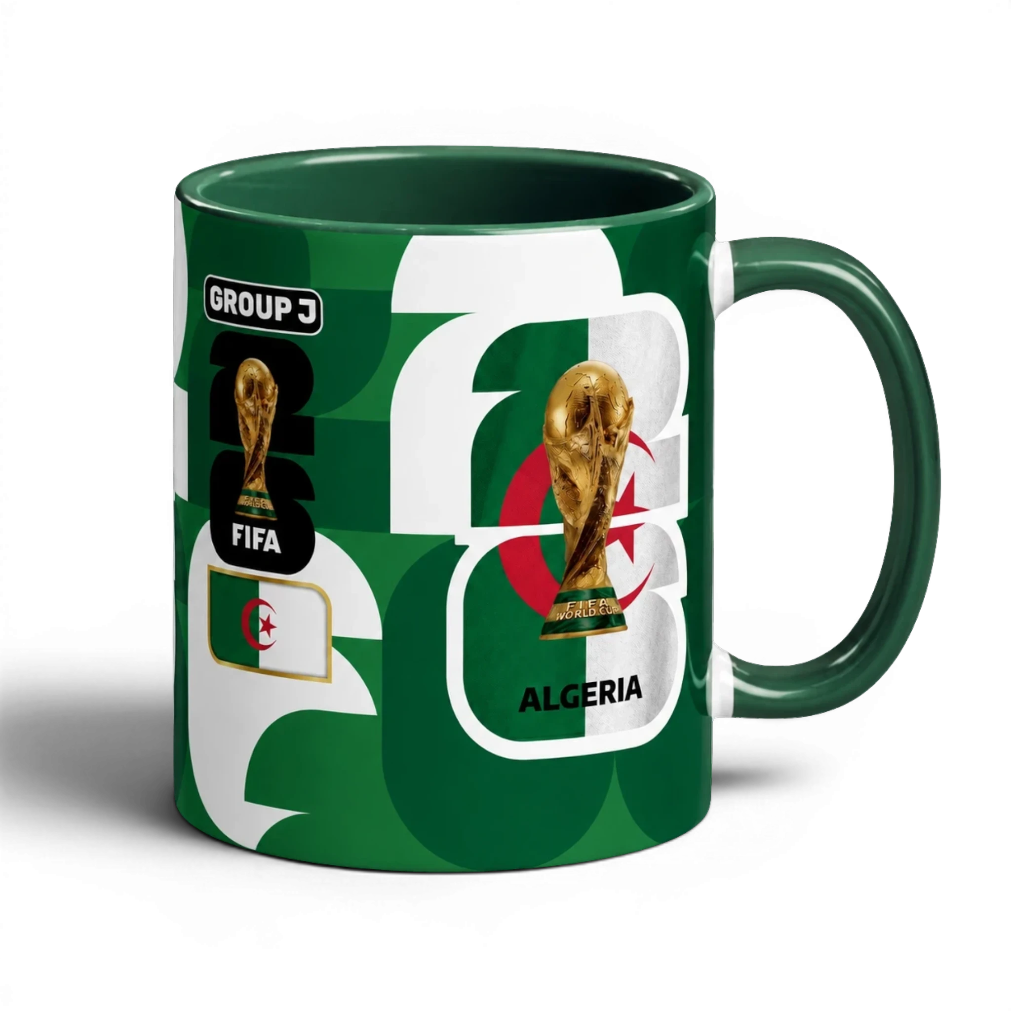 Fann Bliss Algeria FIFA World Cup commemorative ceramic mug with trophy and flag design. Green and white.