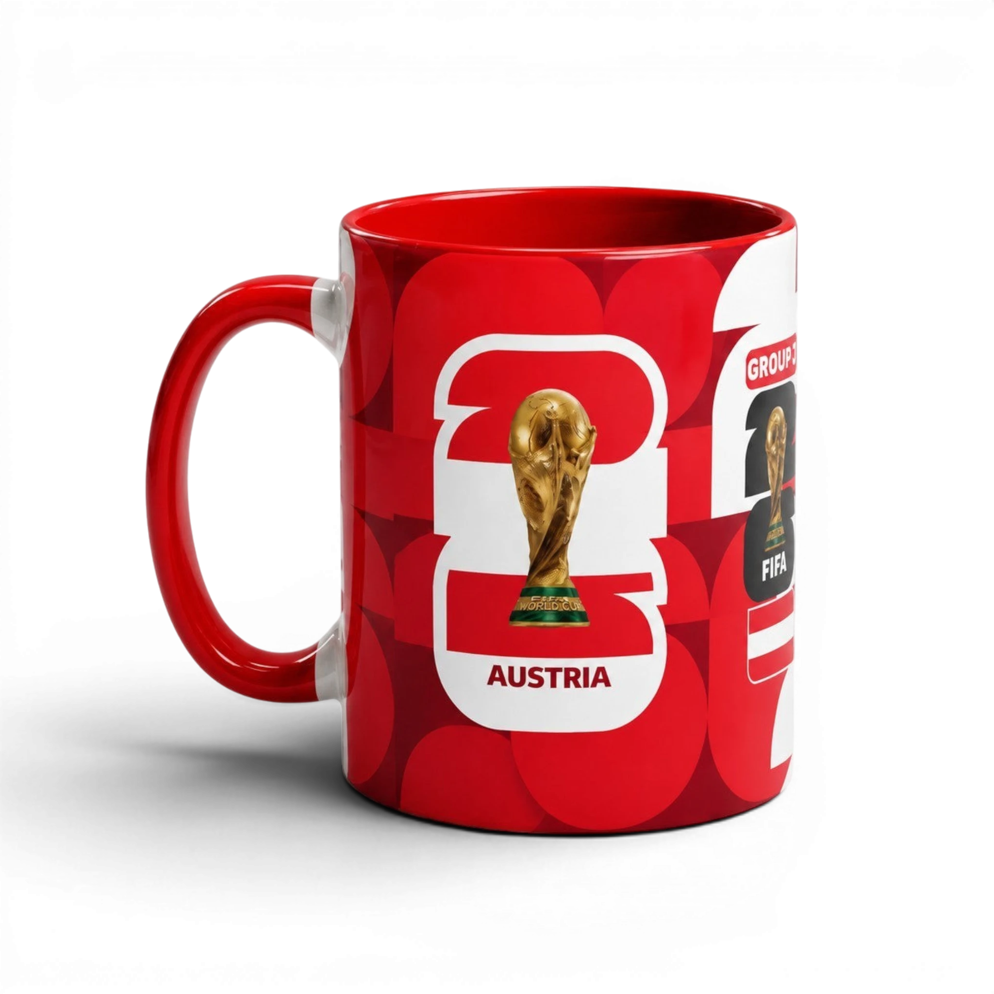 Fann Bliss Austria FIFA World Cup ceramic coffee mug in red and white with a gold trophy graphic