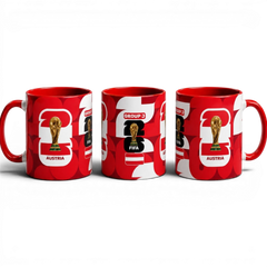 Fann Bliss Austria World Cup ceramic coffee mug featuring a red and white design with the FIFA trophy graphic.