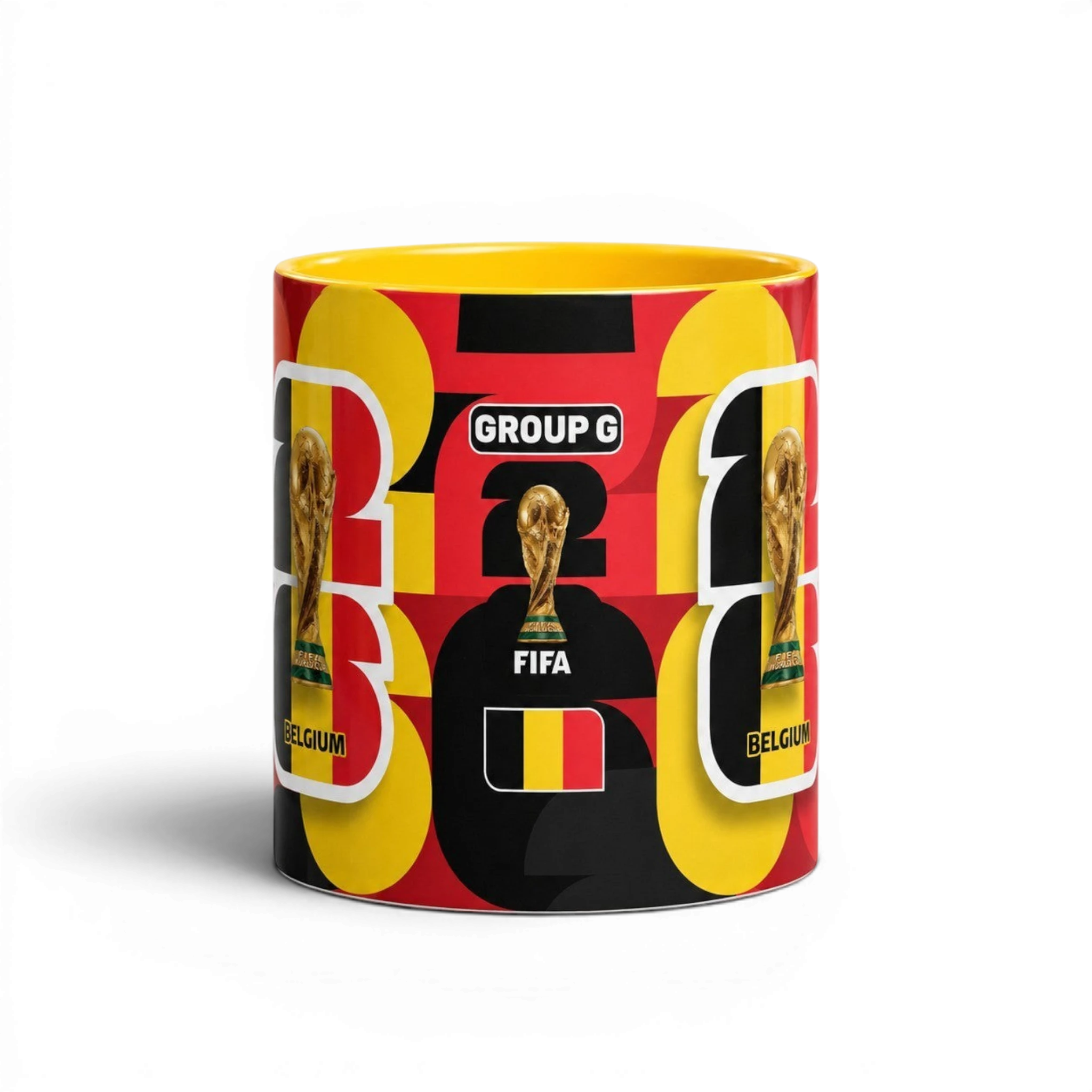 Fann Bliss Belgium World Cup ceramic coffee mug with red, black, and yellow pattern and FIFA trophy graphic