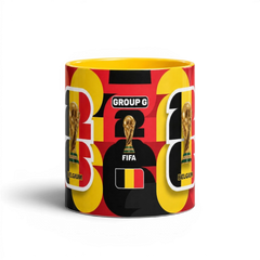 Fann Bliss Belgium World Cup ceramic coffee mug with red, black, and yellow pattern and FIFA trophy graphic