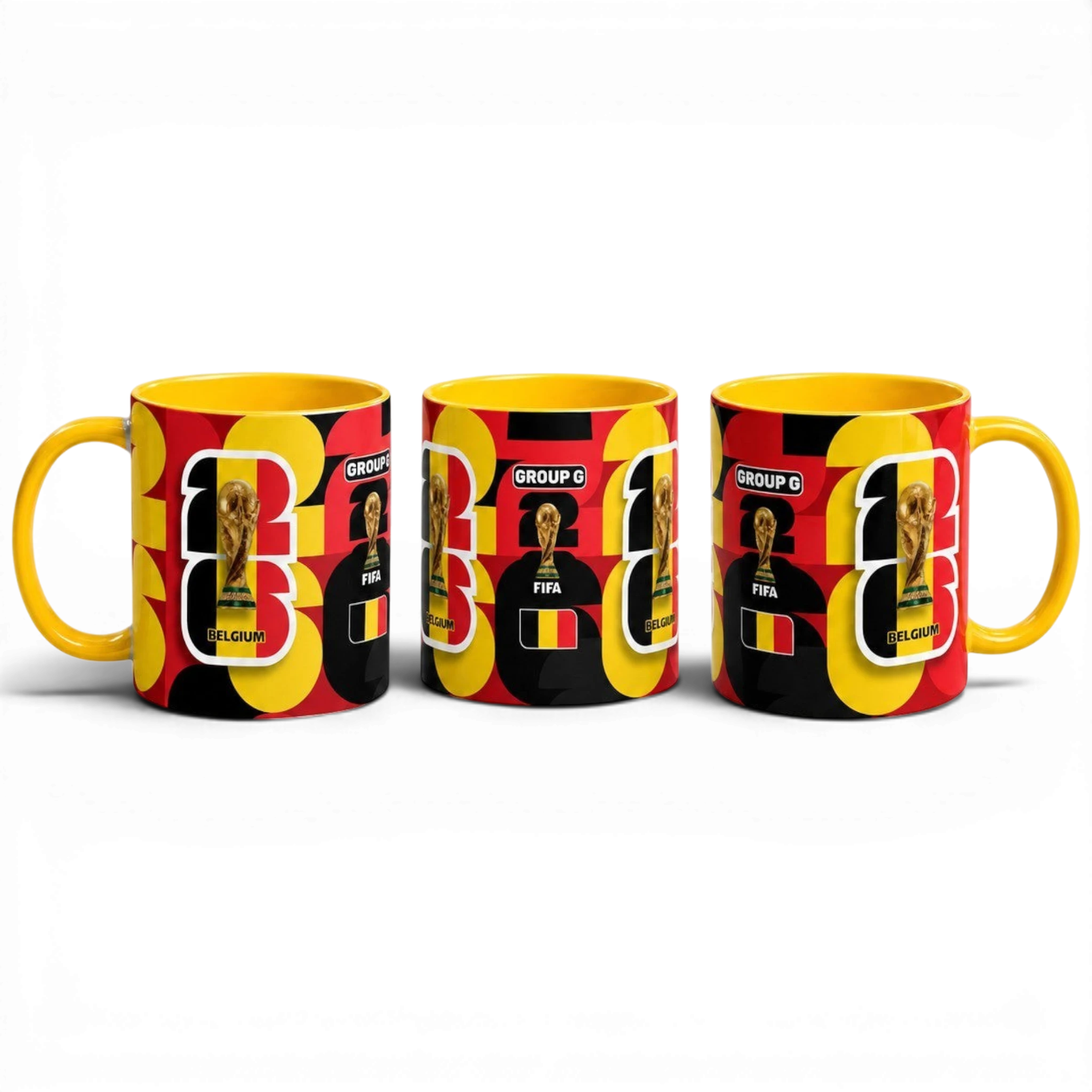 Fann Bliss Belgium World Cup ceramic coffee mug featuring red, black, and yellow design with FIFA trophy graphic