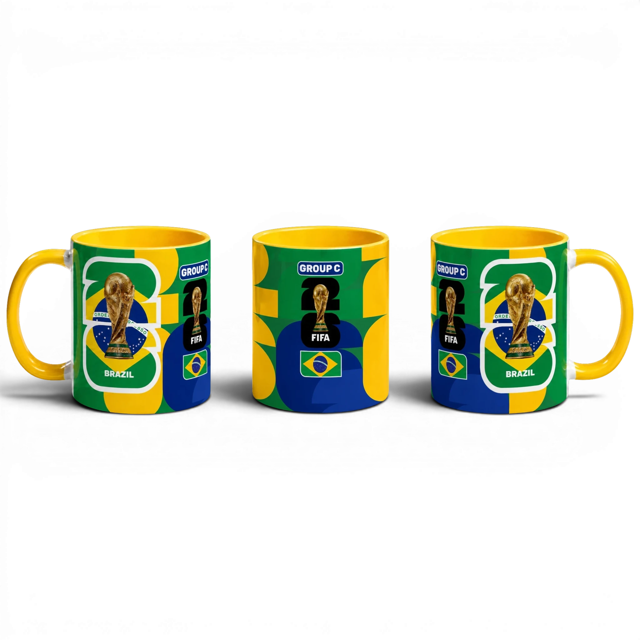 Fann Bliss FIFA World Cup Brazil commemorative ceramic coffee mug with trophy and flag design. Yellow handle.