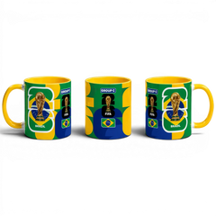 Fann Bliss FIFA World Cup Brazil commemorative ceramic coffee mug with trophy and flag design. Yellow handle.