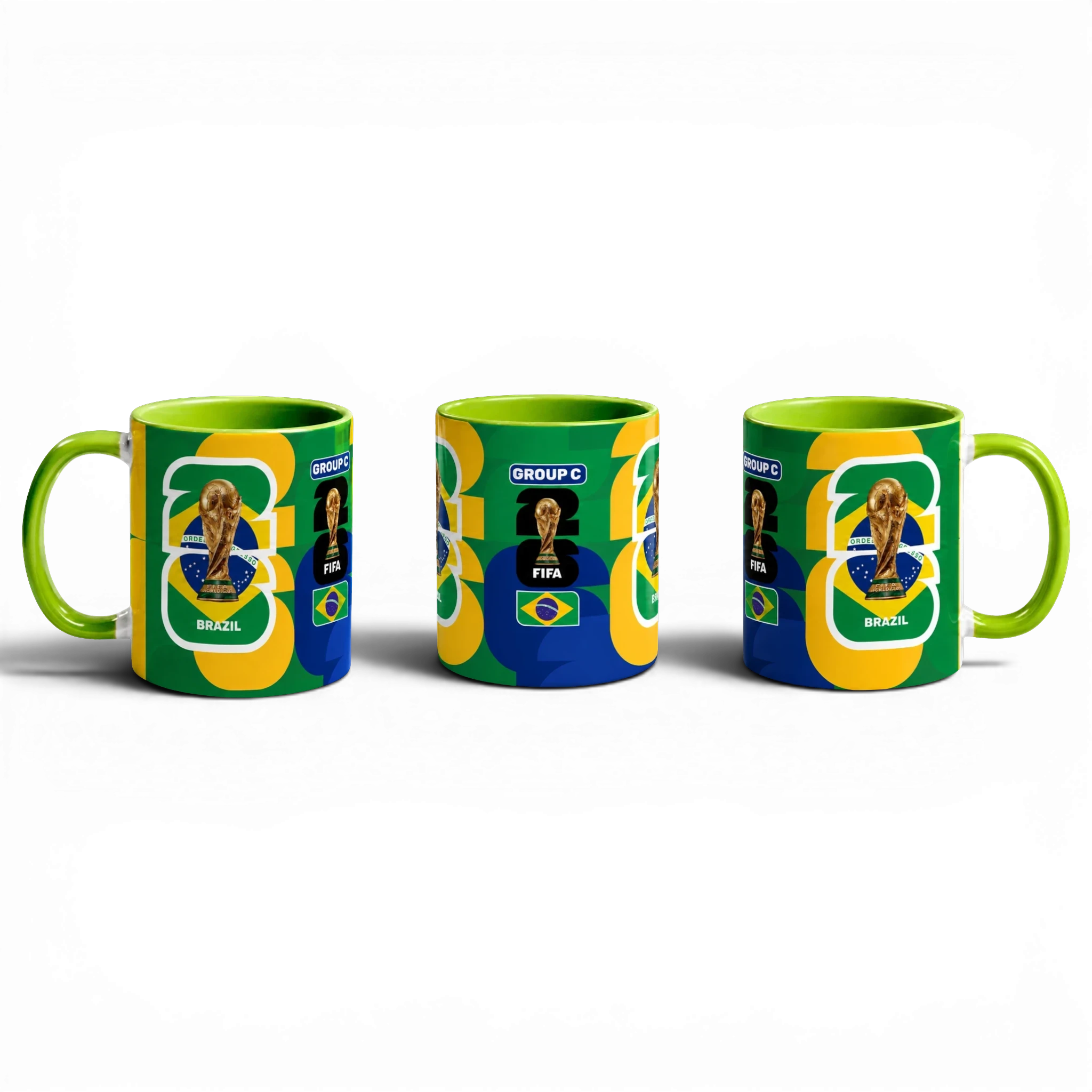 Fann Bliss Fifa World Cup Brazil commemorative ceramic mug with trophy and flag design, green interior and handle.