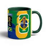 Fann Bliss FIFA World Cup Brazil commemorative ceramic mug with trophy and flag design. Green, yellow, blue.