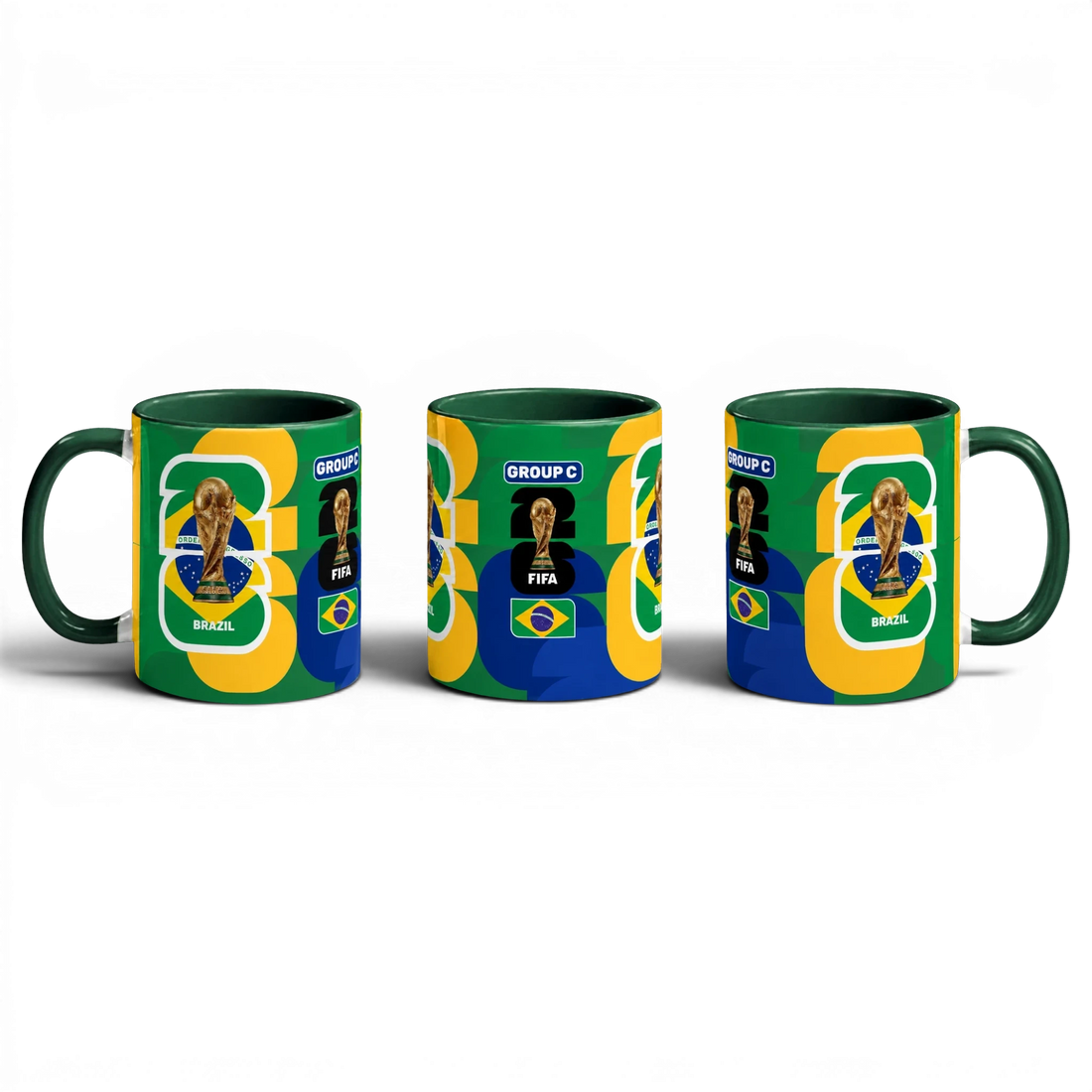 Fann Bliss FIFA World Cup Brazil commemorative ceramic coffee mug with green handle, featuring Brazil's flag colors and trophy.