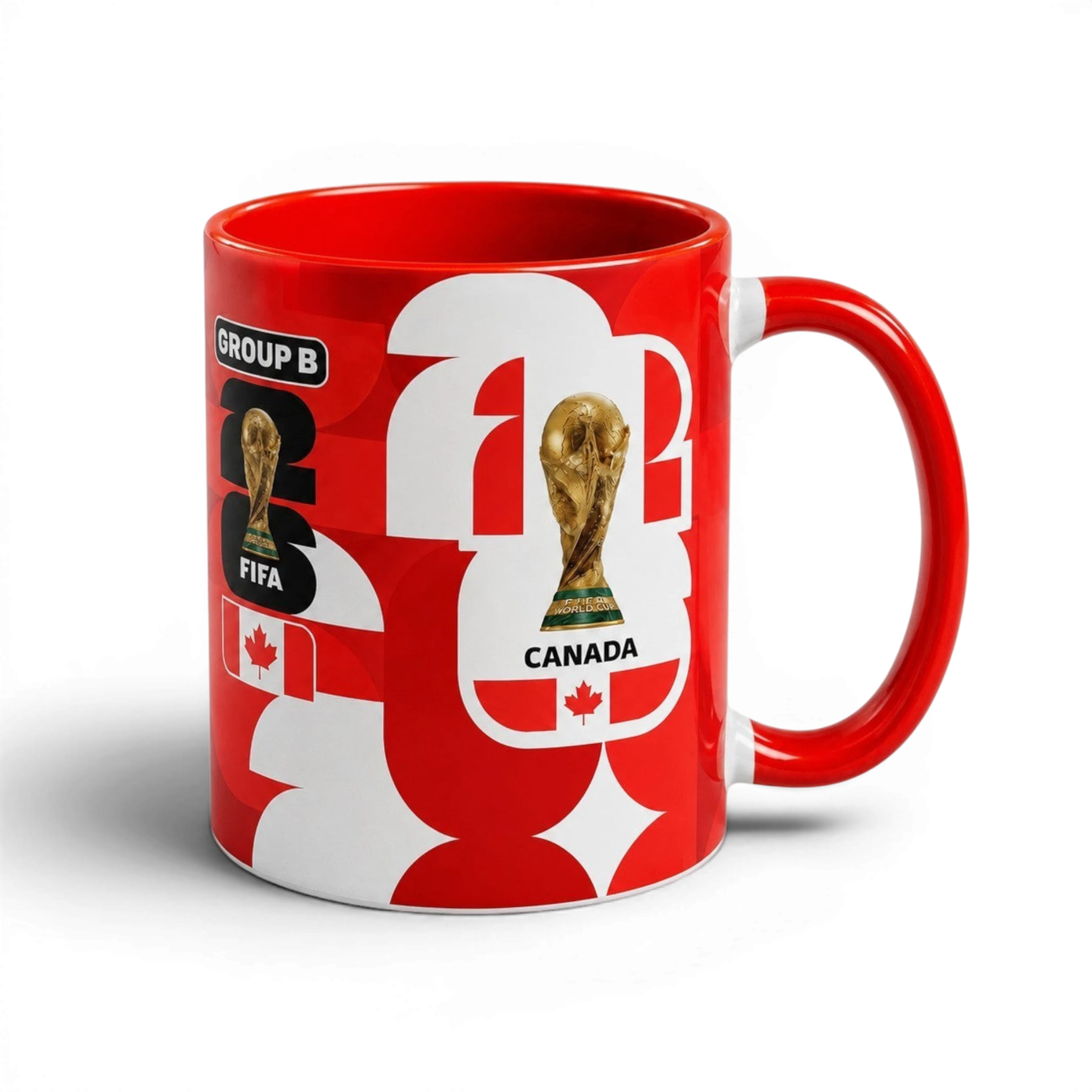 Fann Bliss Canada Soccer World Cup ceramic mug in red and white with FIFA trophy and Canadian flag graphics.