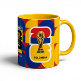 Fann Bliss ceramic mug with Colombia flag colors, FIFA World Cup trophy graphic, and geometric pattern.