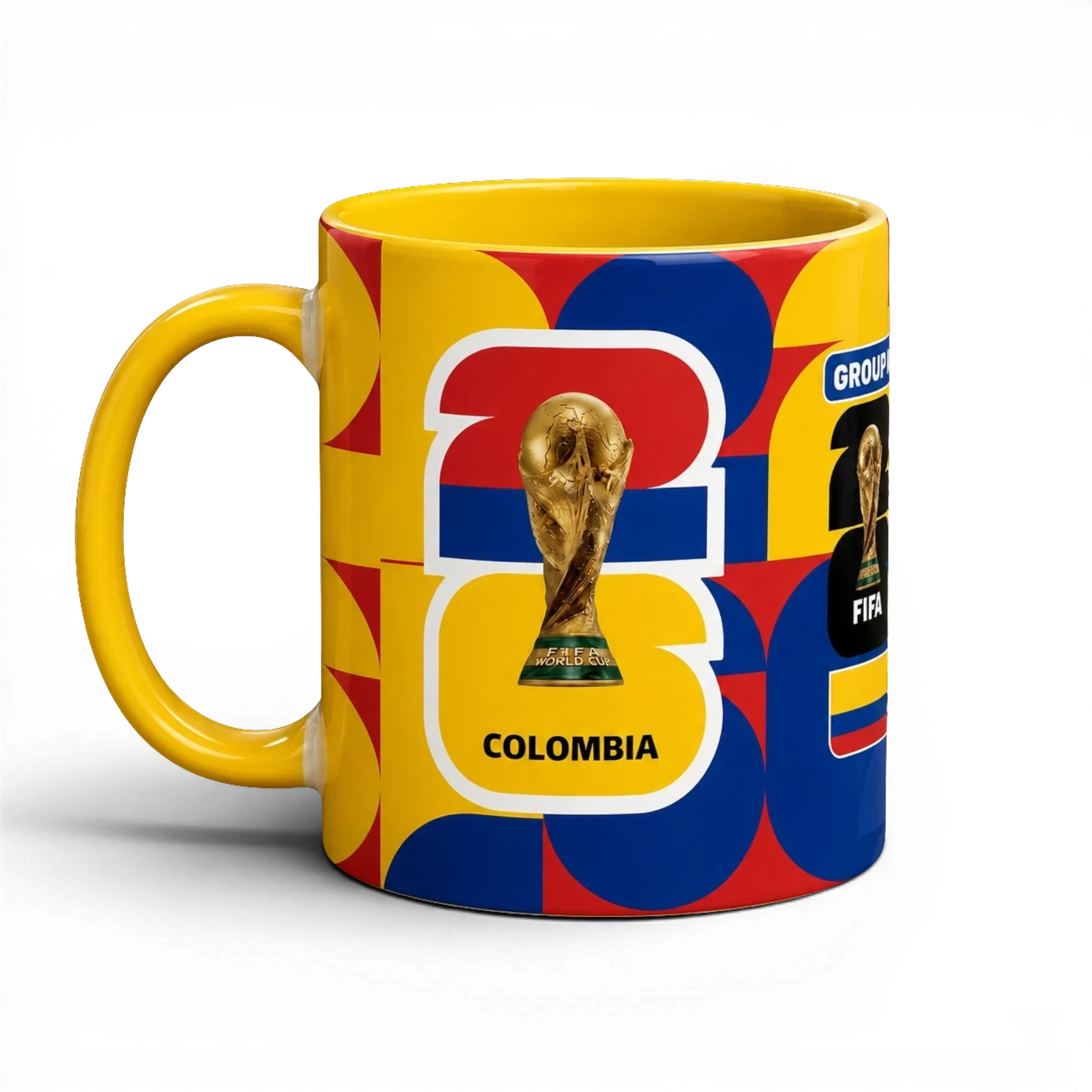 Fann Bliss ceramic mug featuring Colombia flag colors, geometric patterns, and the FIFA World Cup trophy graphic.