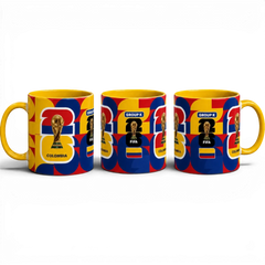Fann Bliss ceramic mug featuring Colombia flag colors, FIFA World Cup trophy, and Group K tournament graphics.