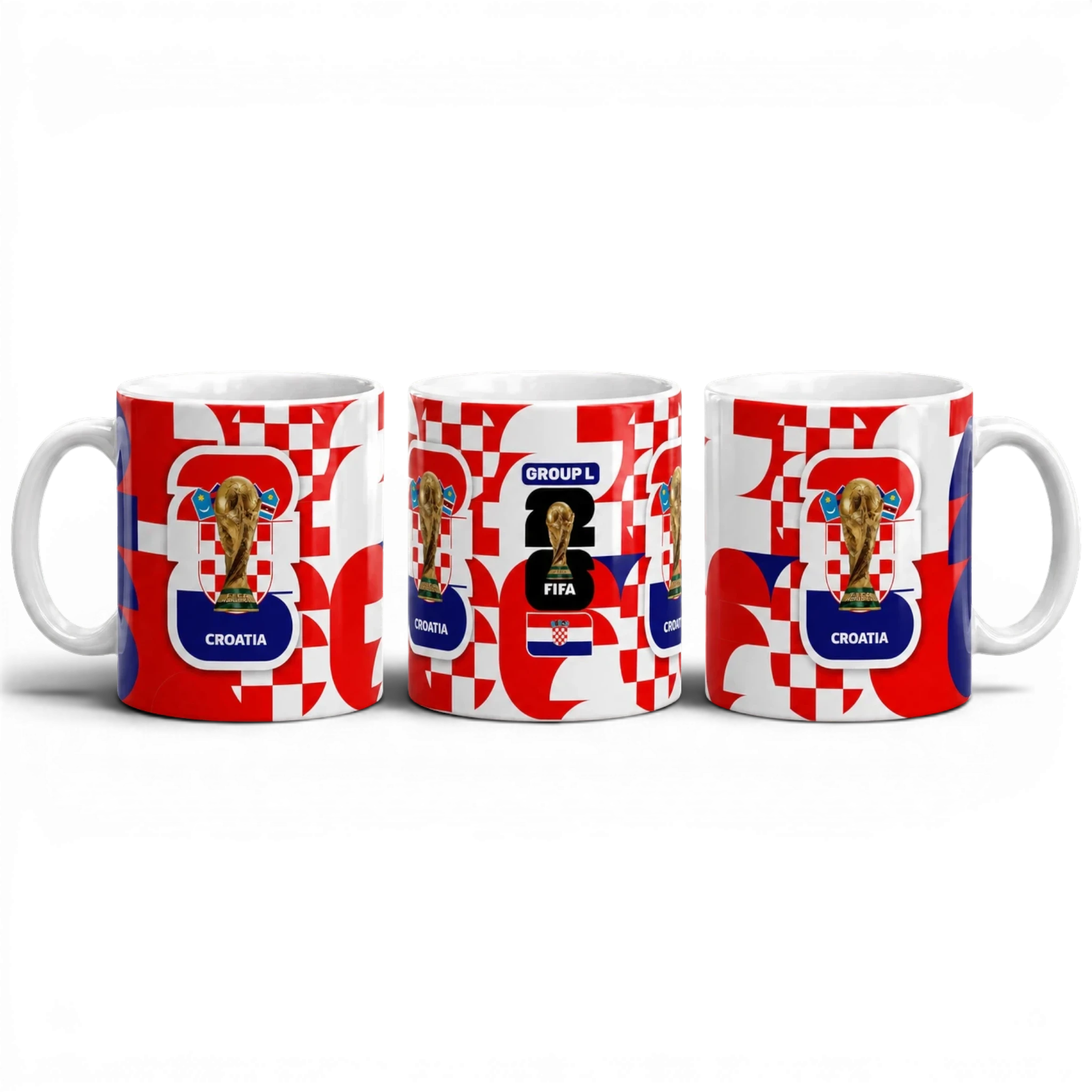 Fann Bliss Croatia FIFA World Cup commemorative ceramic mug with red and white checkerboard pattern and trophy graphic.