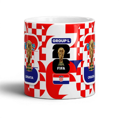 Fann Bliss Croatia FIFA World Cup commemorative ceramic coffee mug with red and white checkerboard pattern, trophy, and team details.