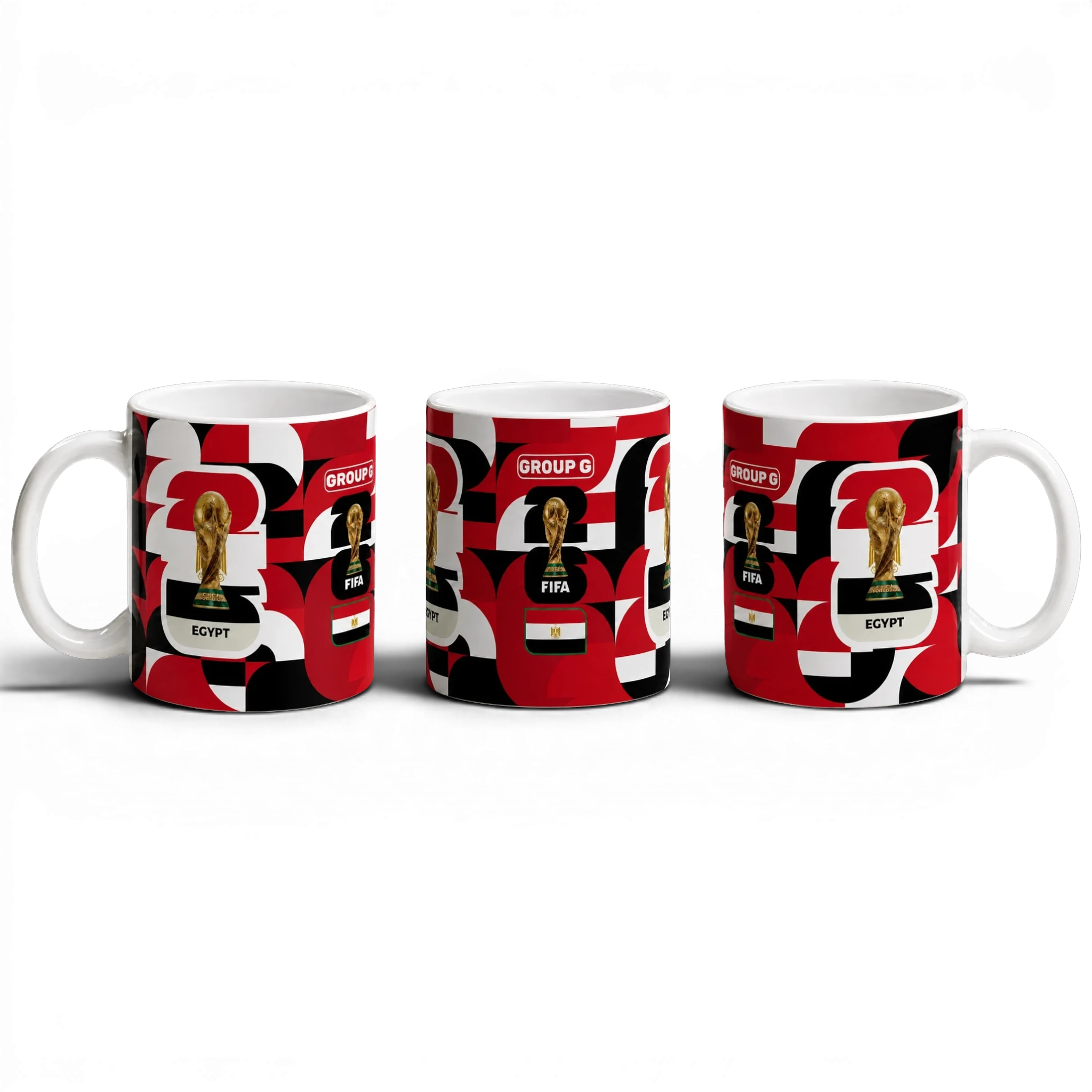 Fann Bliss Egypt World Cup Group G commemorative ceramic mug with FIFA trophy and flag graphics in red, black, and white.