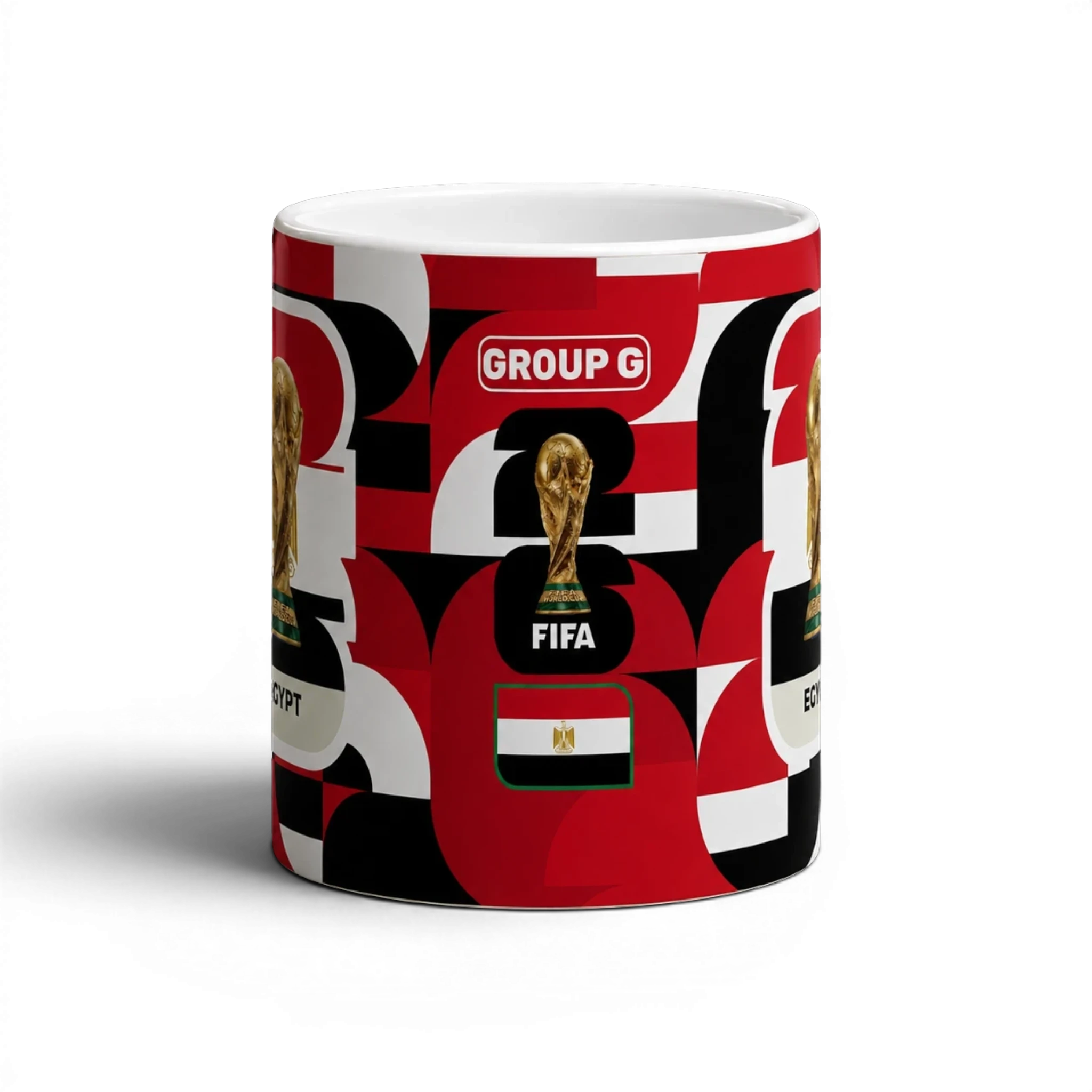 Fann Bliss Egypt World Cup Group G commemorative mug with FIFA trophy and Egyptian flag graphics in red, black, and white.