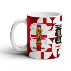 Fann Bliss England FIFA World Cup commemorative ceramic mug with St George's Cross pattern and trophy graphic.