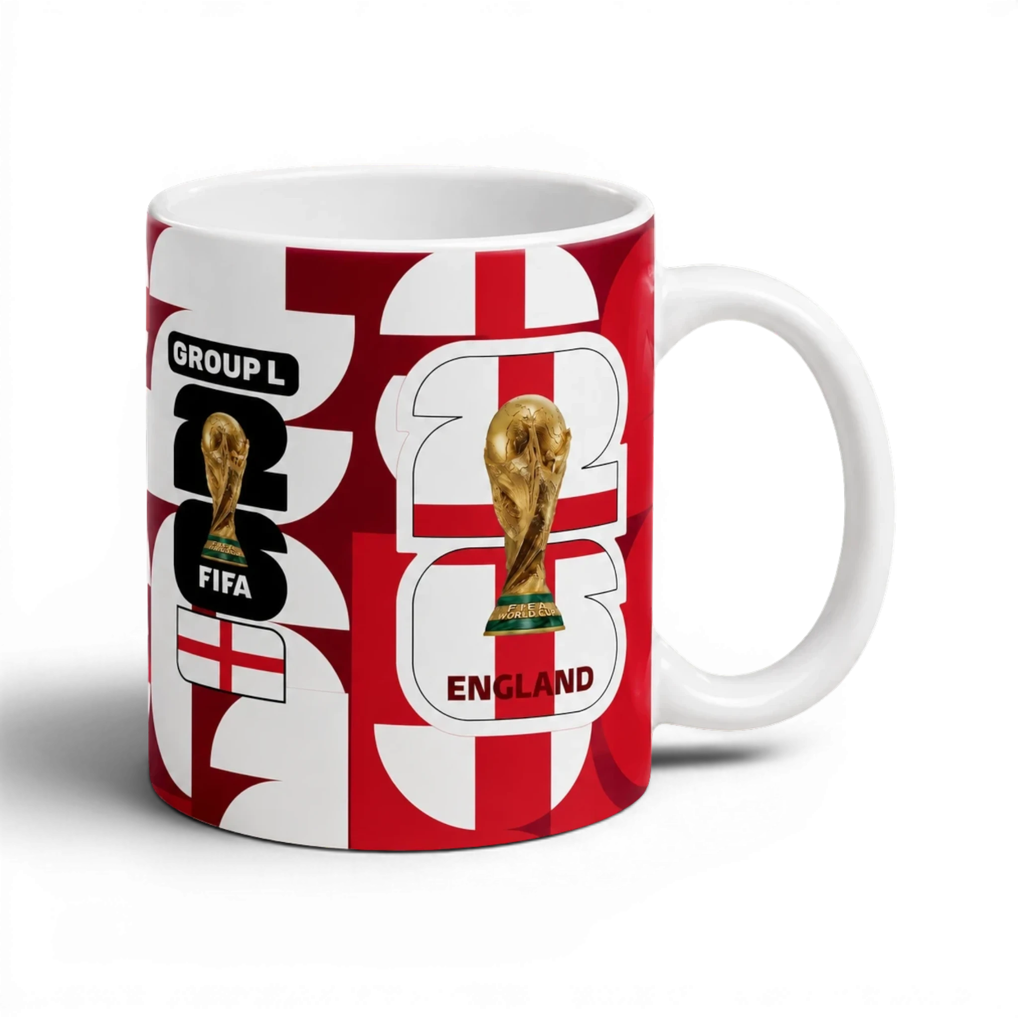 Fann Bliss England FIFA World Cup commemorative ceramic mug with St George's Cross pattern and trophy graphic.