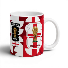 Fann Bliss England FIFA World Cup commemorative ceramic mug with St George's Cross pattern and trophy graphic.