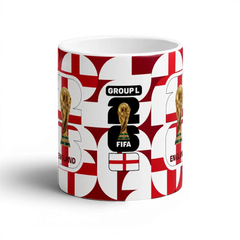 Fann Bliss England FIFA World Cup commemorative ceramic mug with St George's Cross pattern, trophy, and "GROUP L" text.