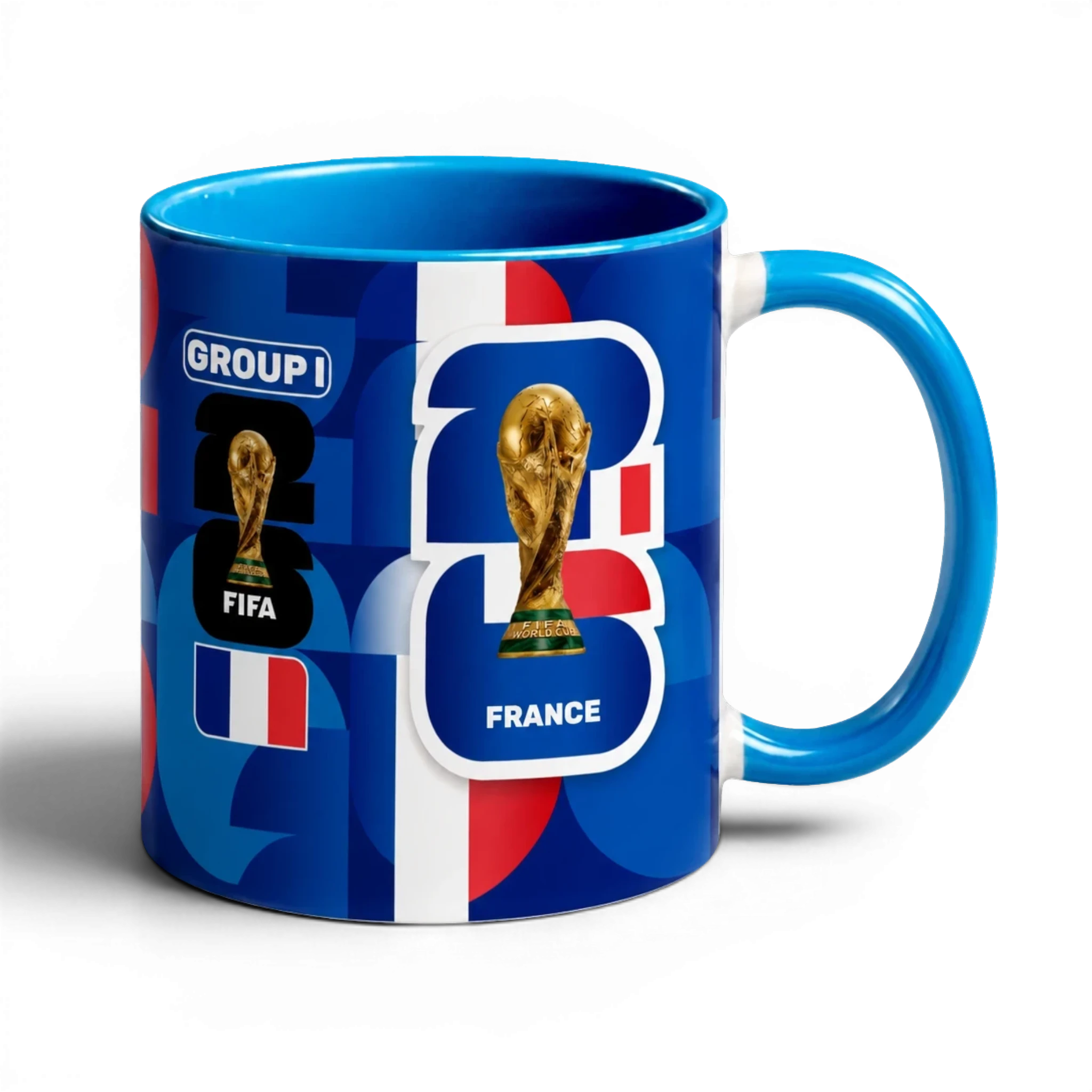 Fann Bliss France World Cup trophy commemorative ceramic mug with blue, white, and red graphics.