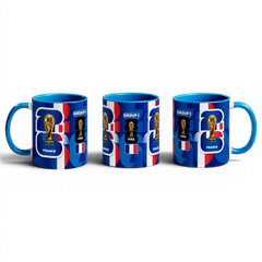 Fann Bliss France World Cup trophy commemorative ceramic mug in blue, white, and red with FIFA graphics.