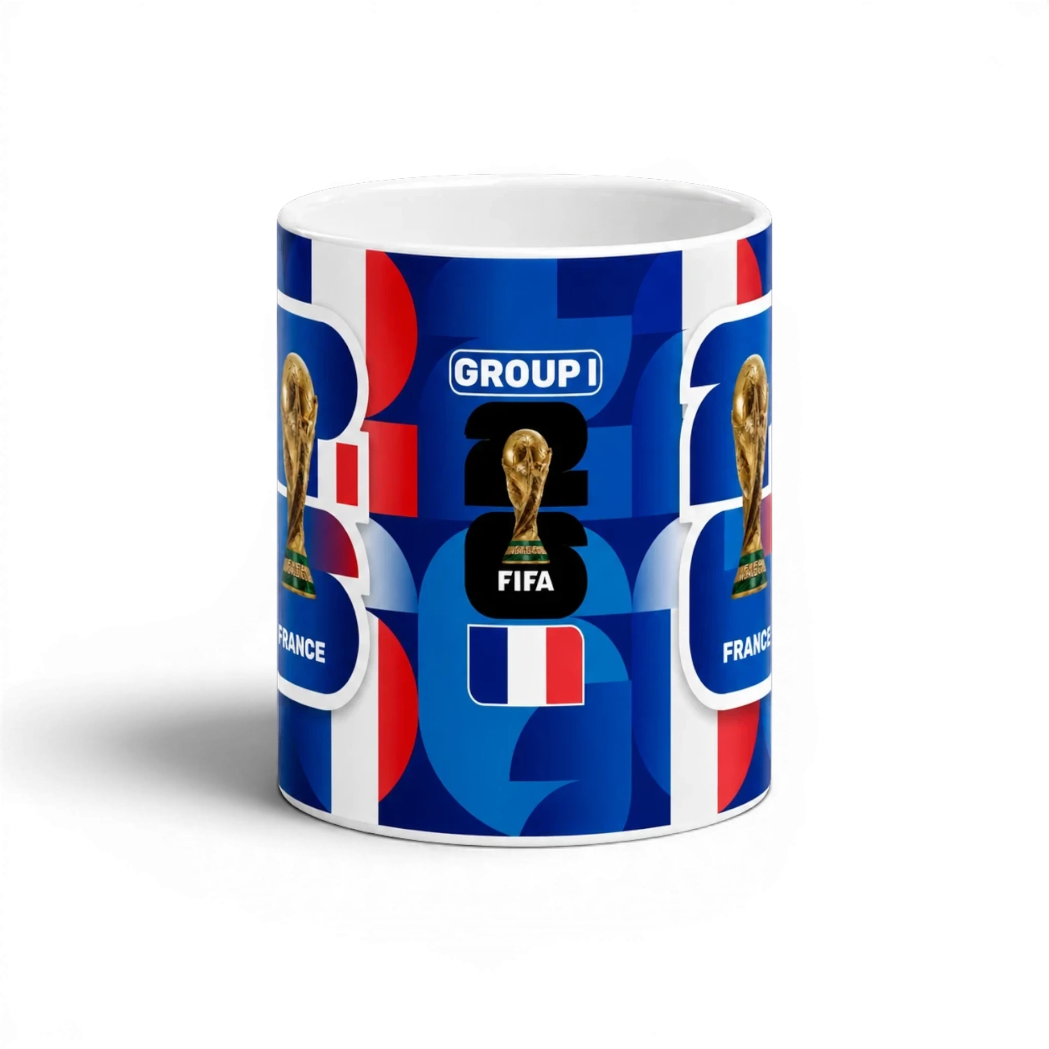 Fann Bliss France FIFA World Cup 2022 commemorative ceramic mug with trophy and geometric pattern in blue, white, and red.