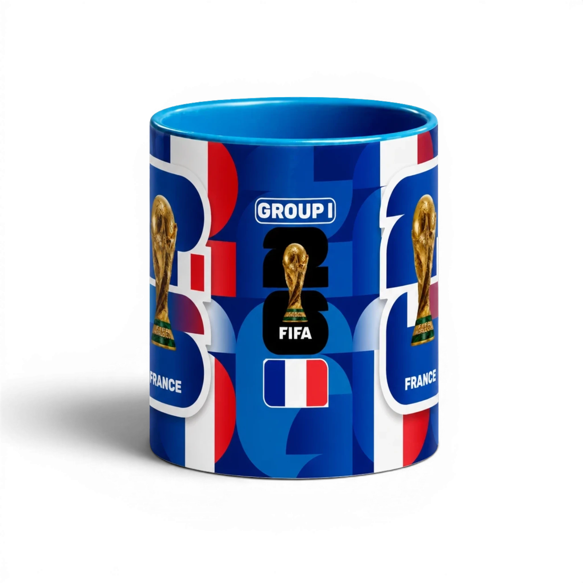 Fann Bliss France World Cup trophy commemorative ceramic mug in blue, white, and red with FIFA graphics.