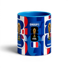 Fann Bliss France World Cup trophy commemorative ceramic mug in blue, white, and red with FIFA graphics.
