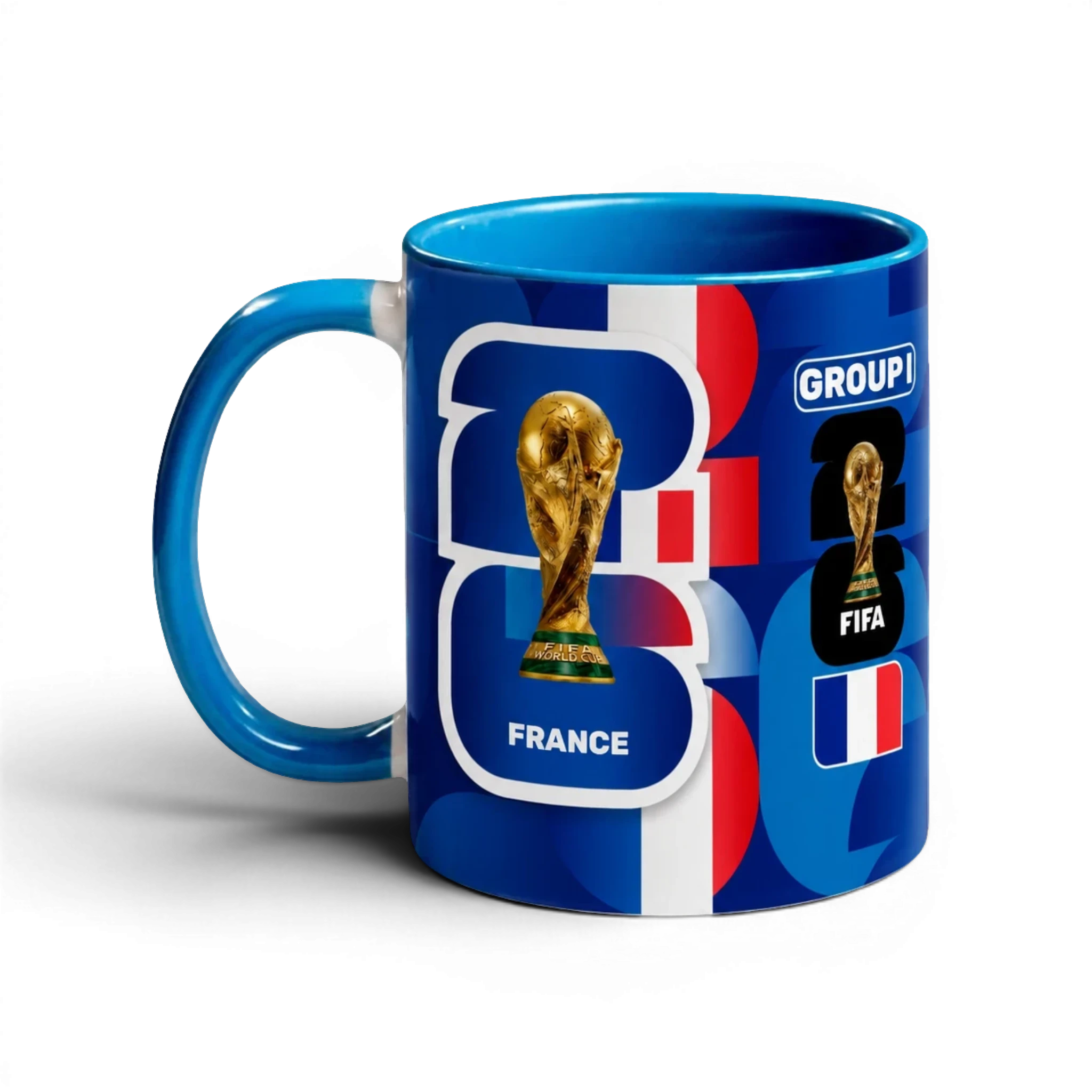 Fann Bliss France World Cup Trophy commemorative ceramic mug with blue handle and interior. Features FIFA trophy and French flag.