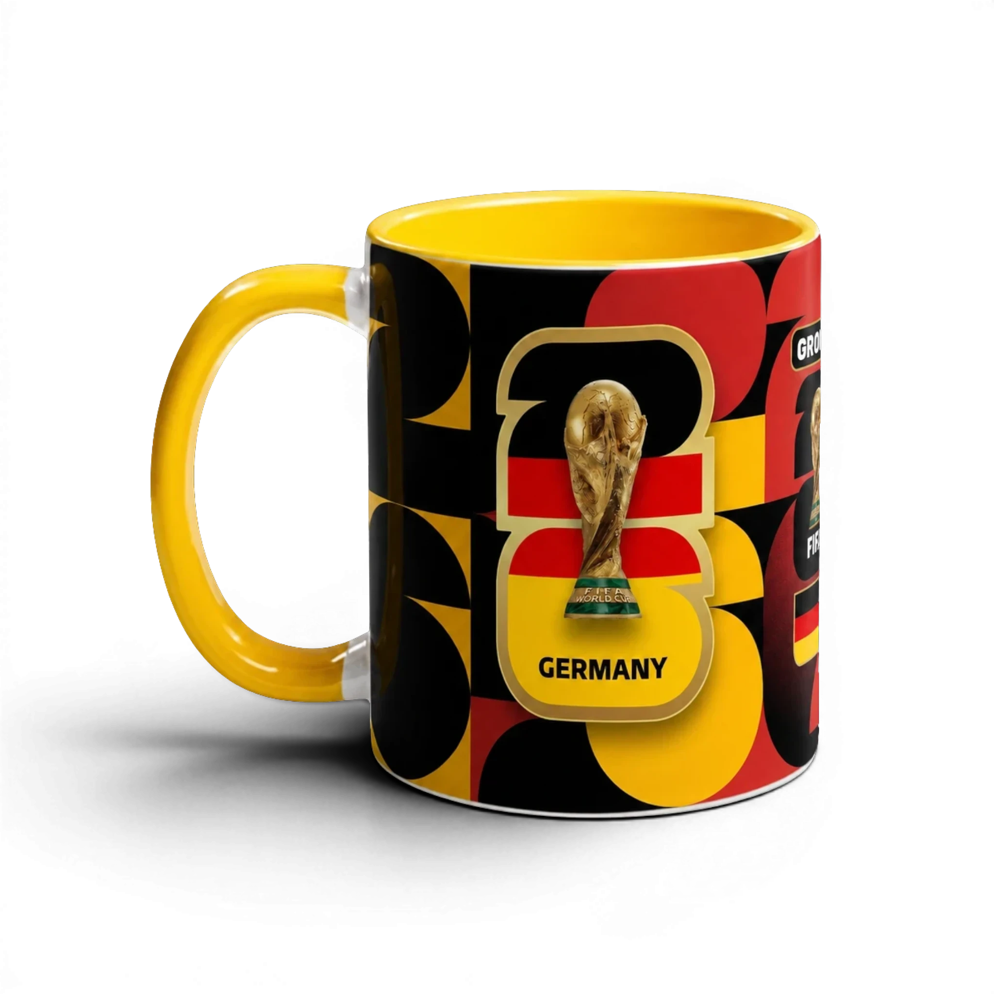 Fann Bliss Germany FIFA World Cup commemorative mug with black, red, and yellow geometric design and trophy graphic.