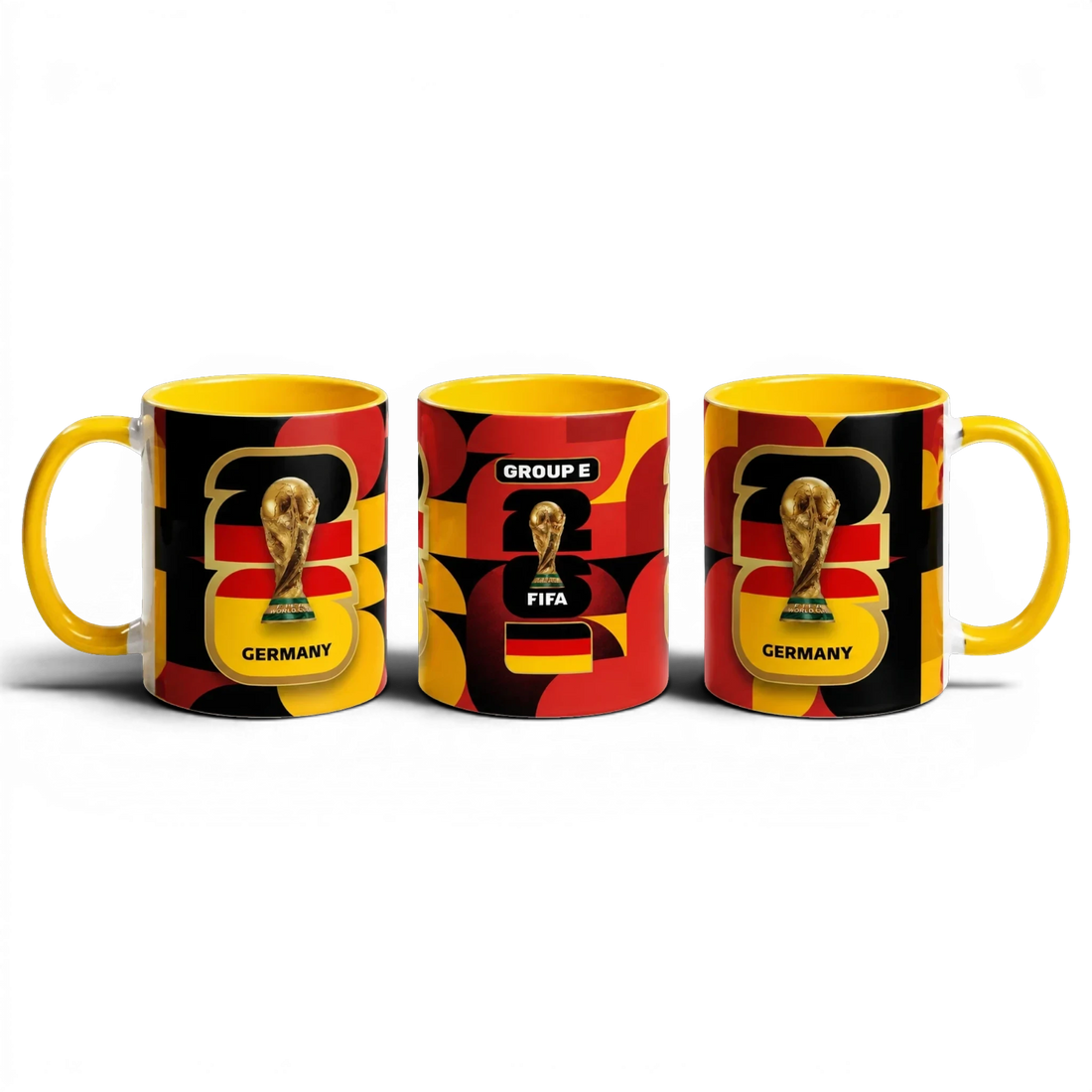 Fann Bliss Germany FIFA World Cup commemorative mug with trophy and flag colors. Ceramic, yellow handle.