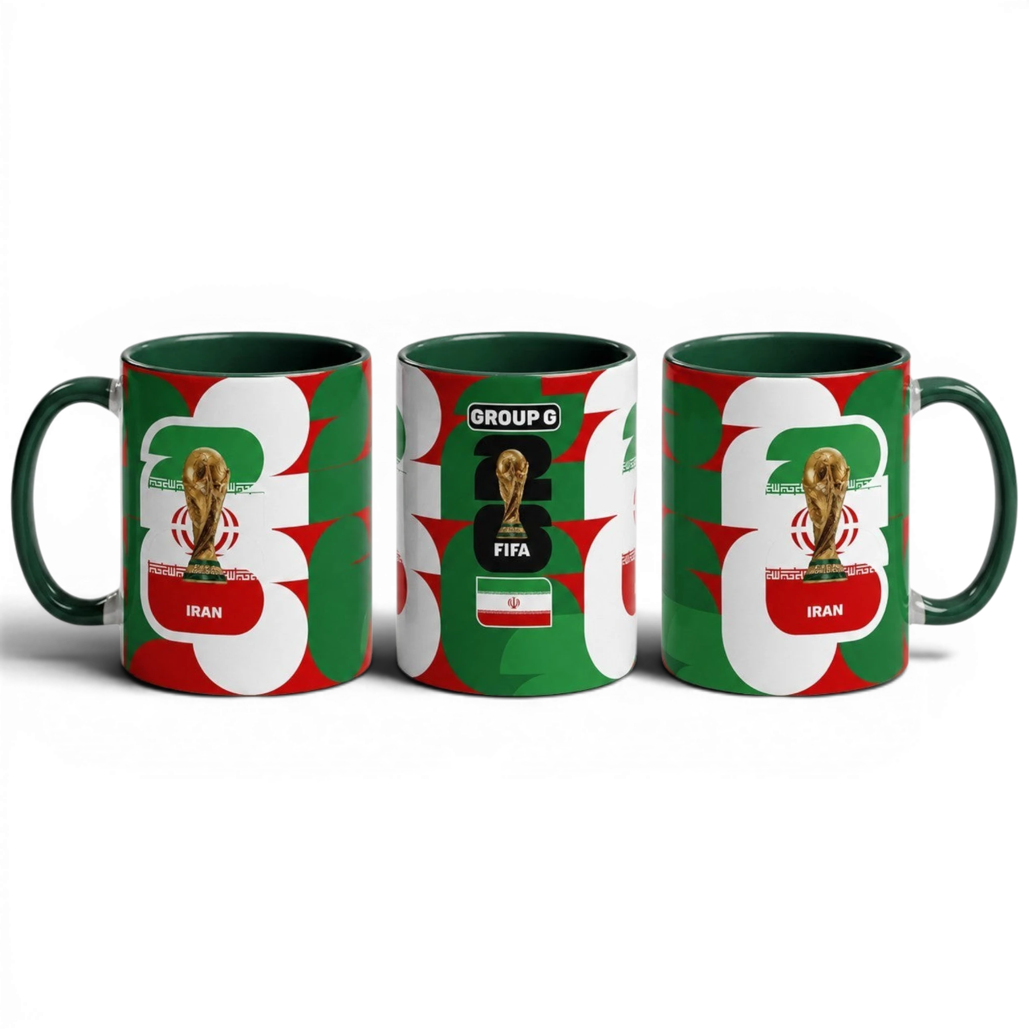 Fann Bliss ceramic coffee mug featuring the Iran flag and World Cup trophy graphic in green, white, and red colors.