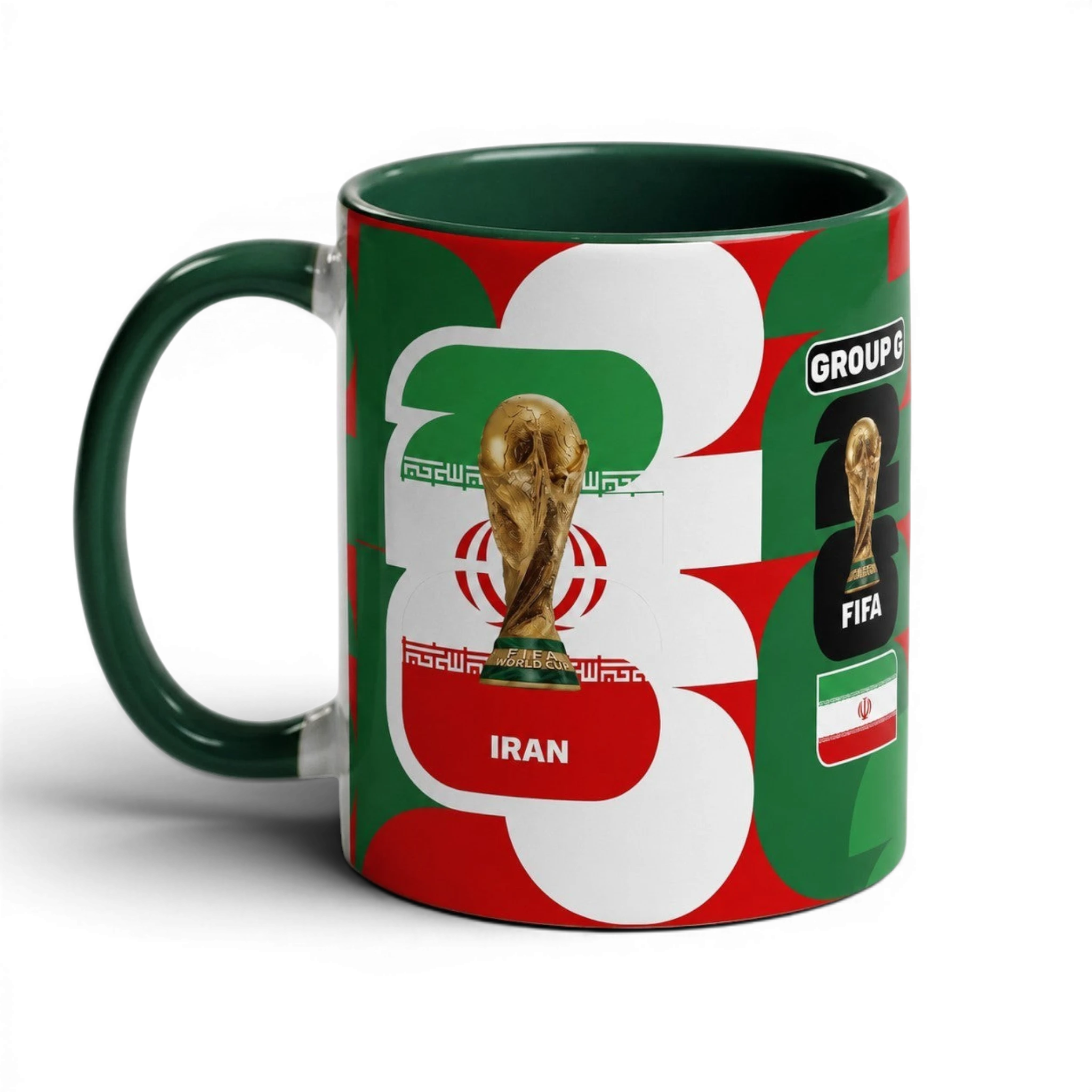 Fann Bliss Iran World Cup ceramic coffee mug featuring the FIFA trophy and national flag in green, white, and red.