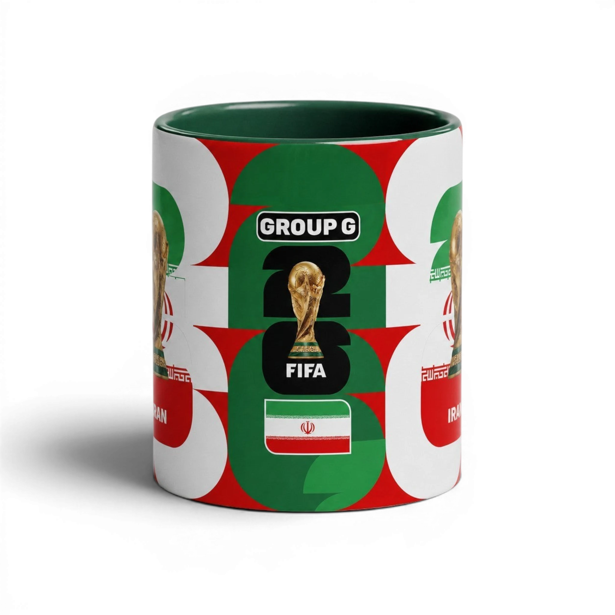 Fann Bliss ceramic coffee mug featuring the Iran flag and FIFA World Cup trophy graphic in green, white, and red.