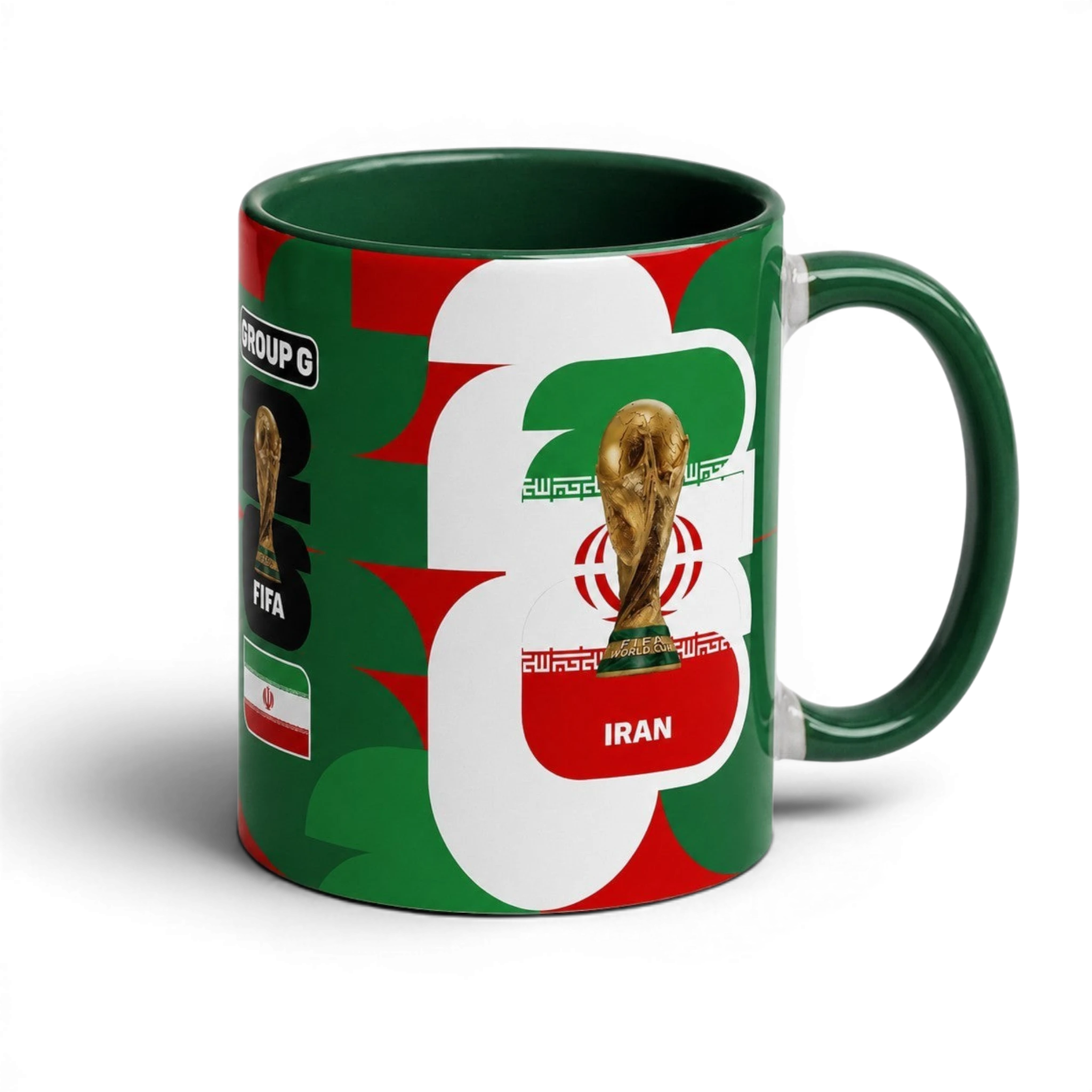 Fann Bliss ceramic coffee mug featuring the Iran flag and FIFA World Cup trophy in green, white, and red colors.