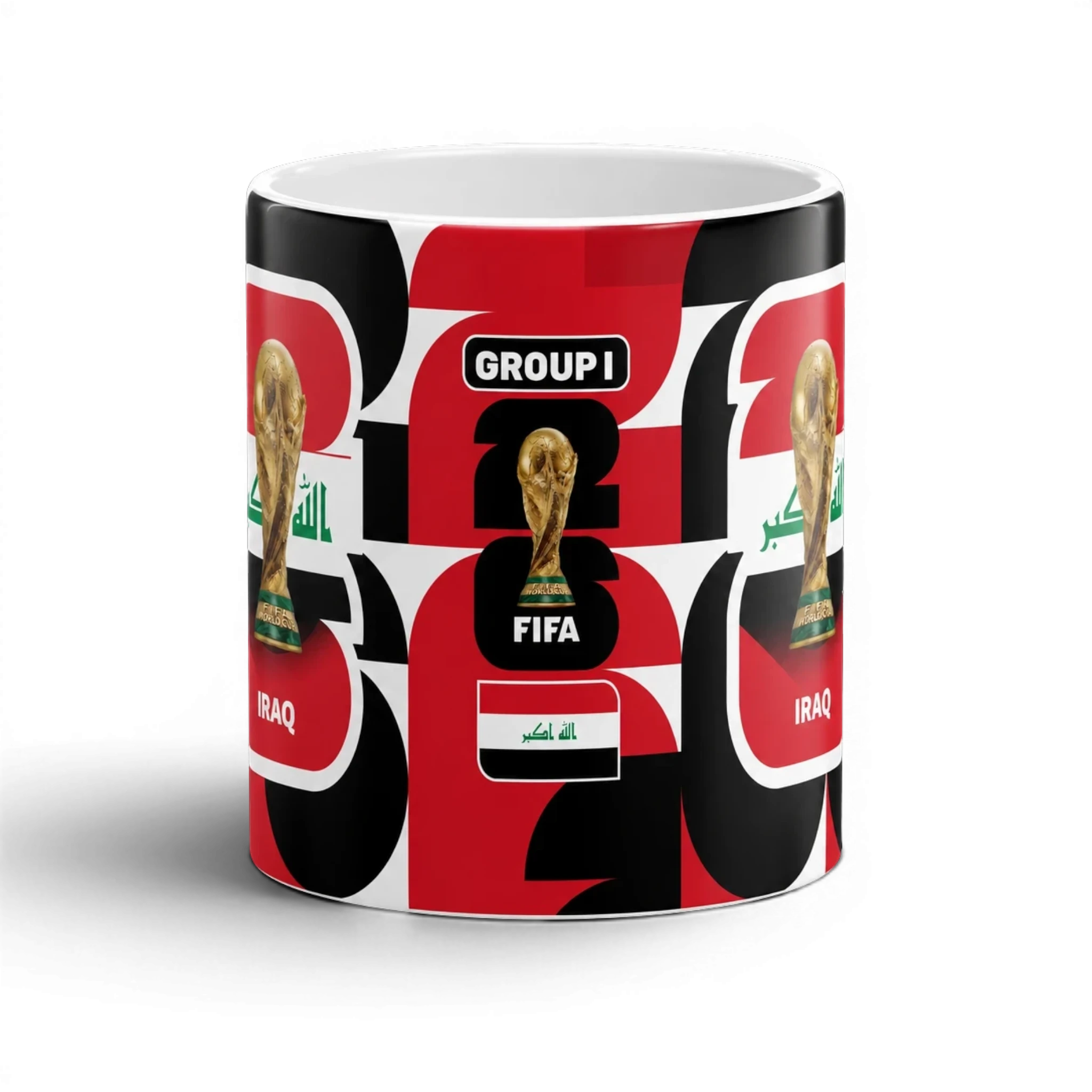 Fann Bliss Iraq World Cup Trophy ceramic coffee mug with Iraqi flag and FIFA World Cup trophy graphic. Red, black, white.