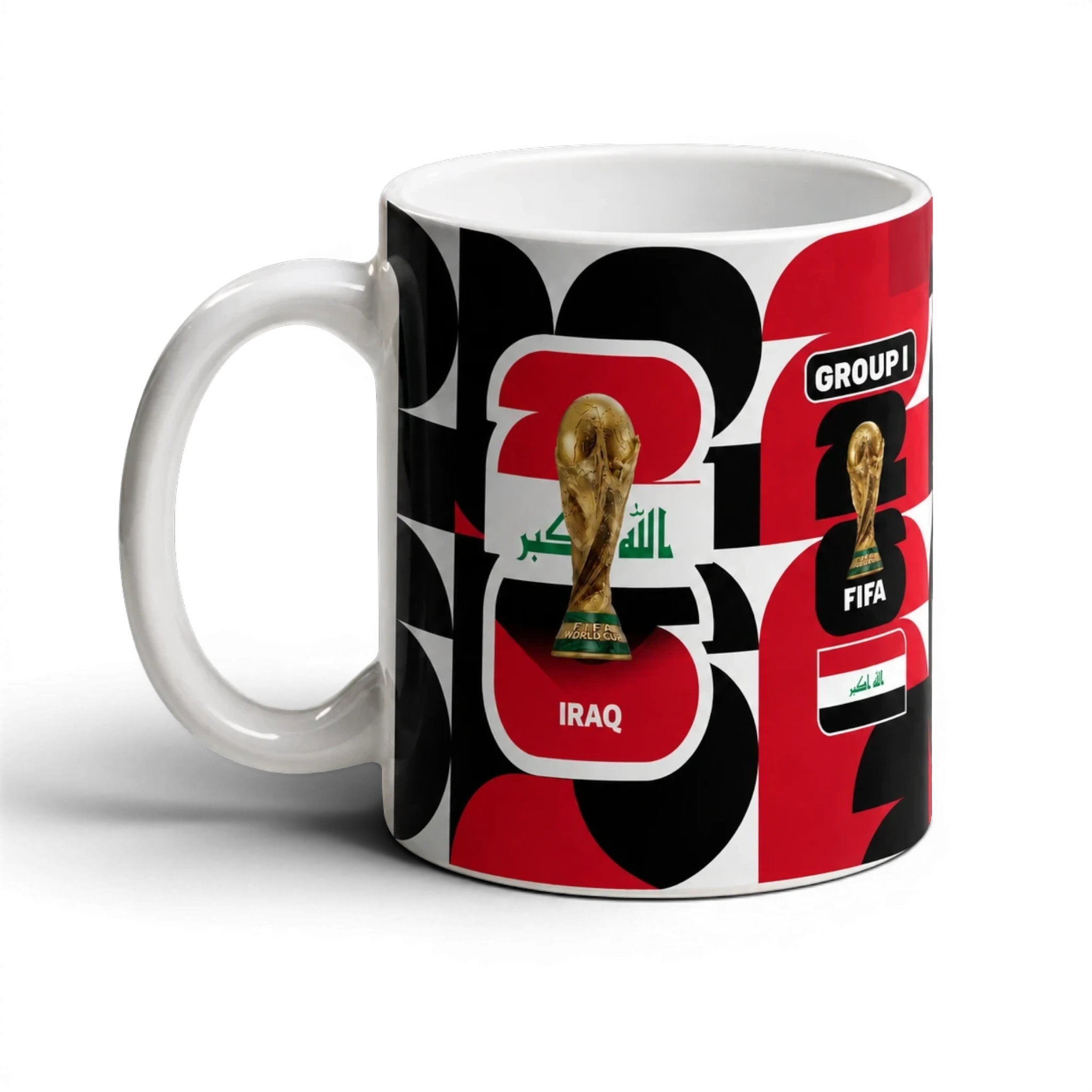 Fann Bliss Iraq World Cup Trophy ceramic coffee mug with Iraqi flag and bold red, black, and white graphic pattern.