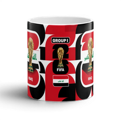 Fann Bliss Iraq World Cup Trophy ceramic coffee mug with Iraqi flag and FIFA World Cup trophy graphic. Red, black, white.