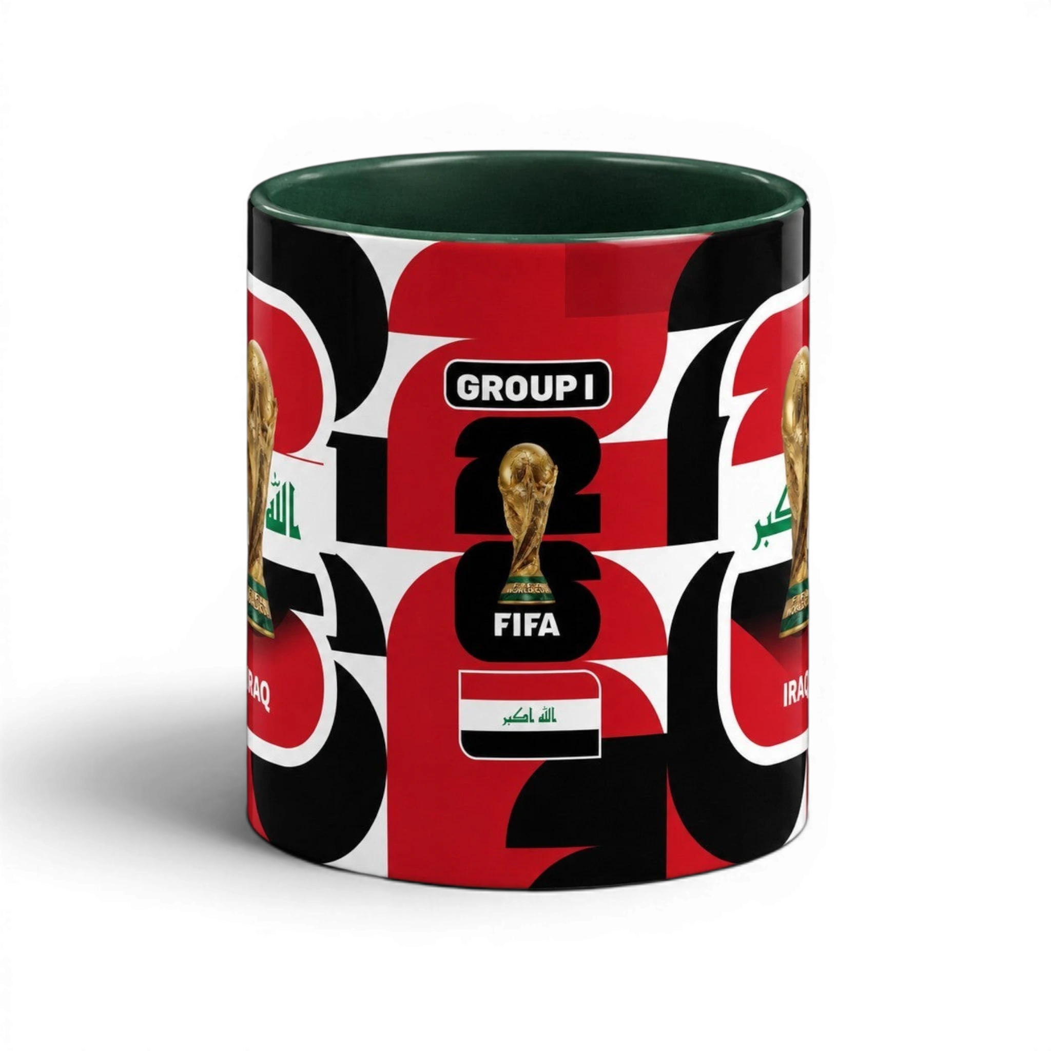 Fann Bliss ceramic coffee mug featuring Iraq flag, FIFA World Cup trophy, and Group I design on a red and black print.