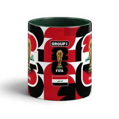 Fann Bliss ceramic coffee mug featuring Iraq flag, FIFA World Cup trophy, and Group I design on a red and black print.
