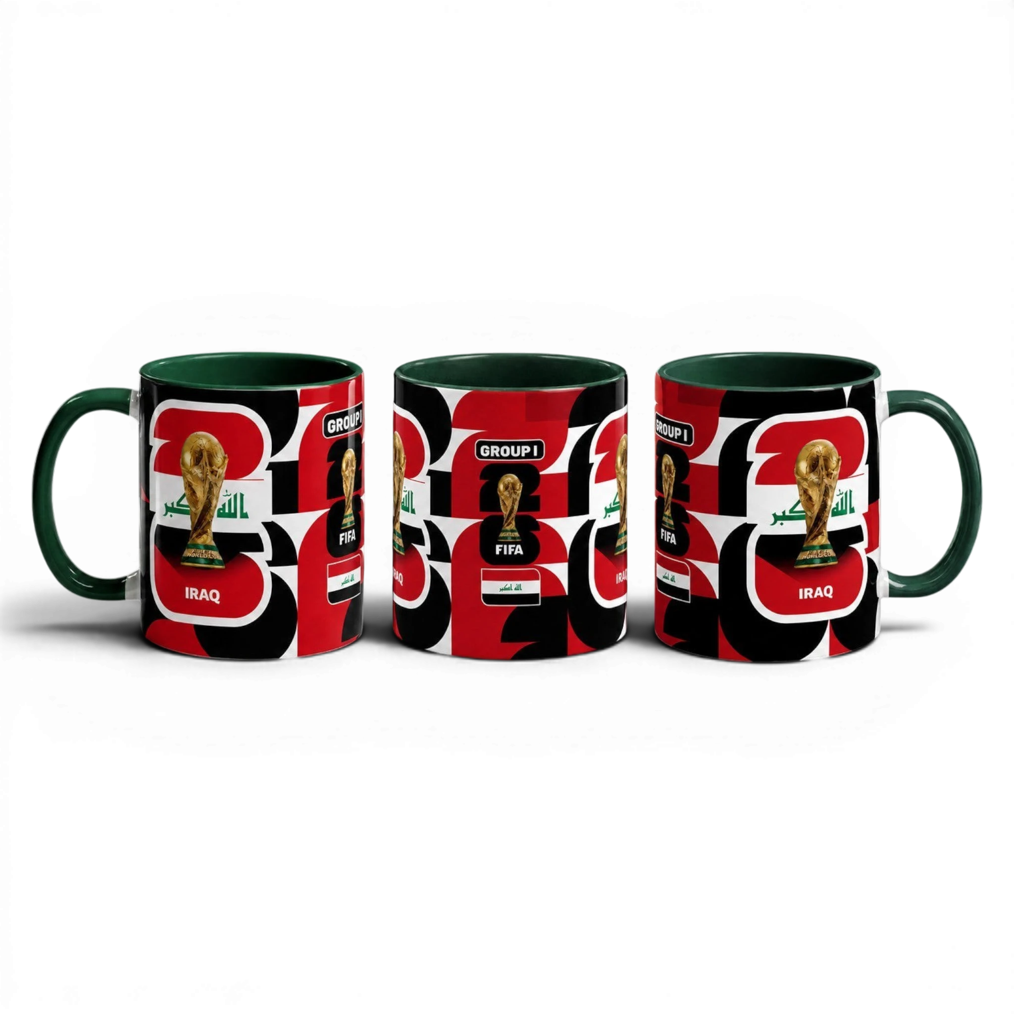 Fann Bliss ceramic coffee mug featuring the Iraq flag, FIFA World Cup trophy, and Group I branding on a black background