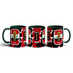 Fann Bliss ceramic coffee mug featuring the Iraq flag, FIFA World Cup trophy, and Group I branding on a black background