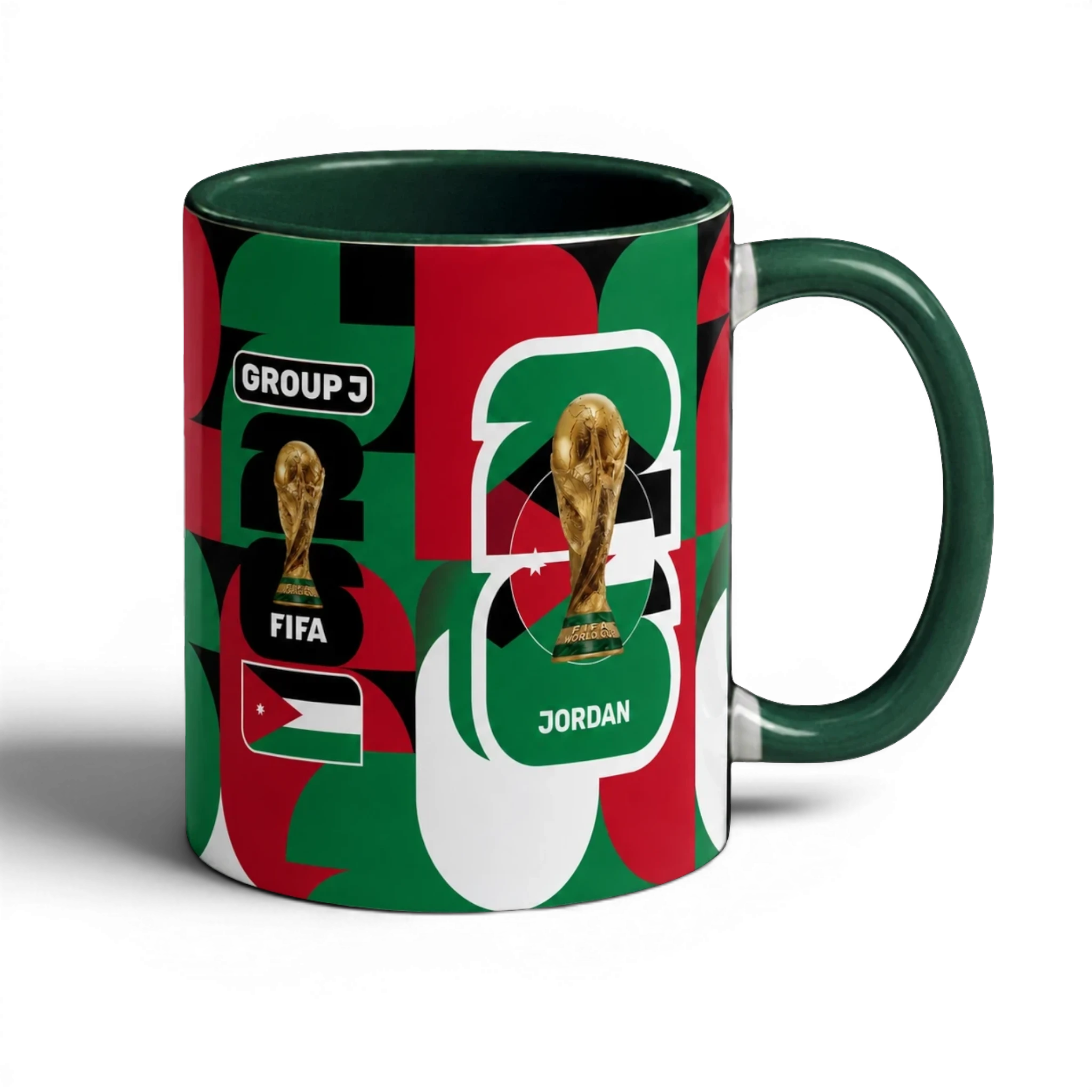 Fann Bliss Fifa World Cup Jordan Group J commemorative ceramic mug with geometric pattern in red, green, and white.