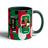 Fann Bliss Fifa World Cup Jordan Group J commemorative ceramic mug with geometric pattern in red, green, and white.