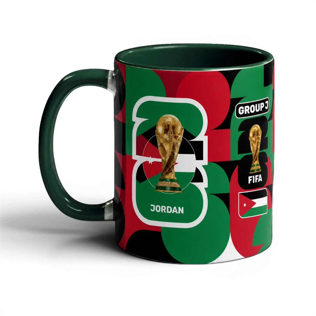 Fann Bliss Fifa World Cup Jordan Group J commemorative ceramic mug with geometric pattern in red, green, and white.