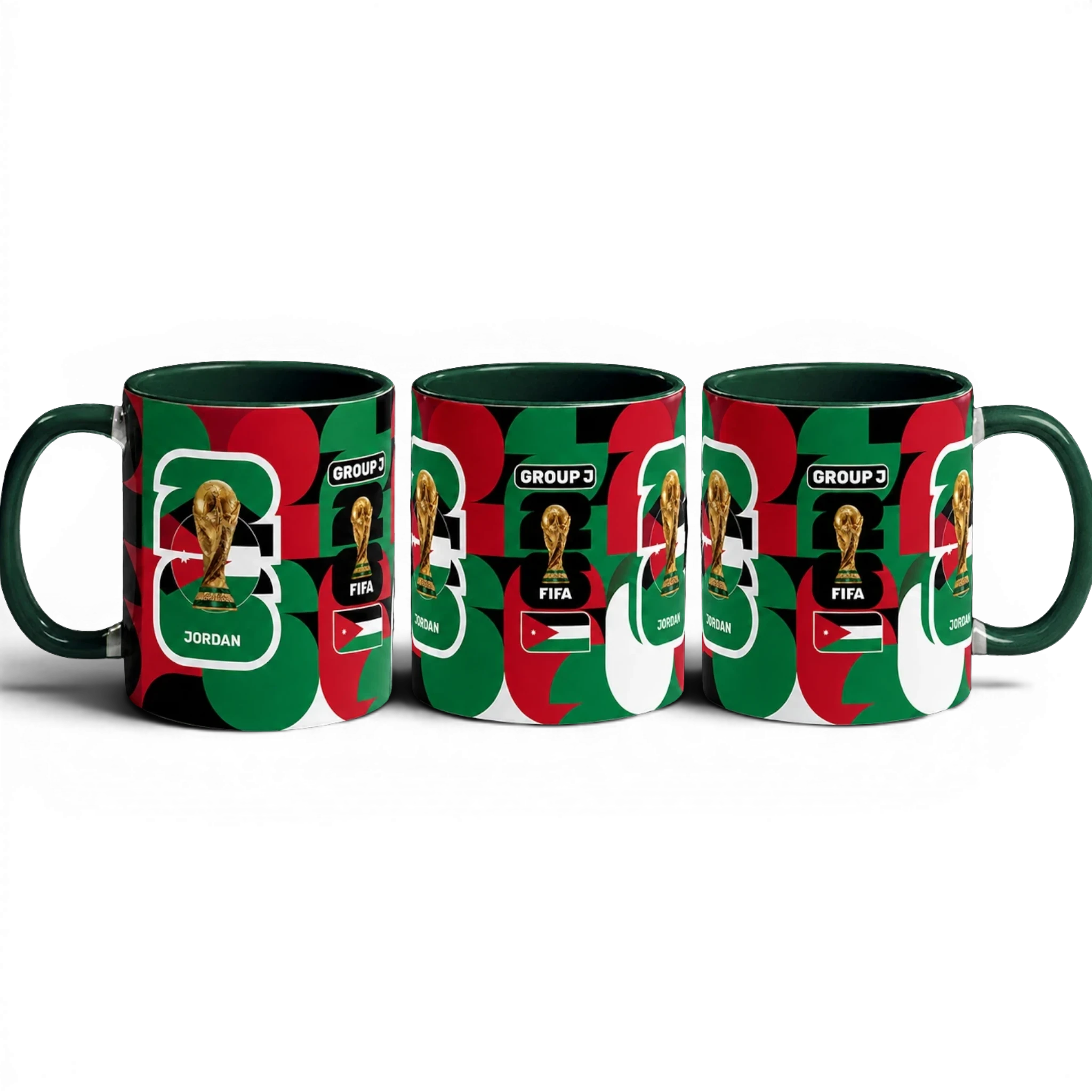 Fann Bliss Fifa World Cup Jordan Group J commemorative ceramic mug with geometric pattern in red, green, and white.