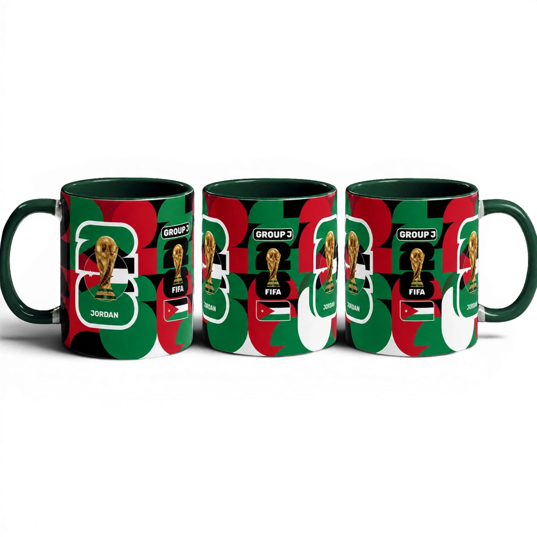Fann Bliss Fifa World Cup Jordan Group J commemorative ceramic mug with geometric pattern in red, green, and white.