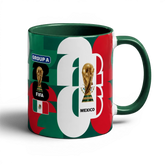 Fann Bliss Mexico FIFA World Cup 2026 commemorative ceramic mug with green, white, and red flag design, trophy, and "22" graphic.