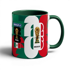 Fann Bliss Mexico FIFA World Cup 2026 commemorative ceramic mug with green, white, and red flag design, trophy, and "22" graphic.